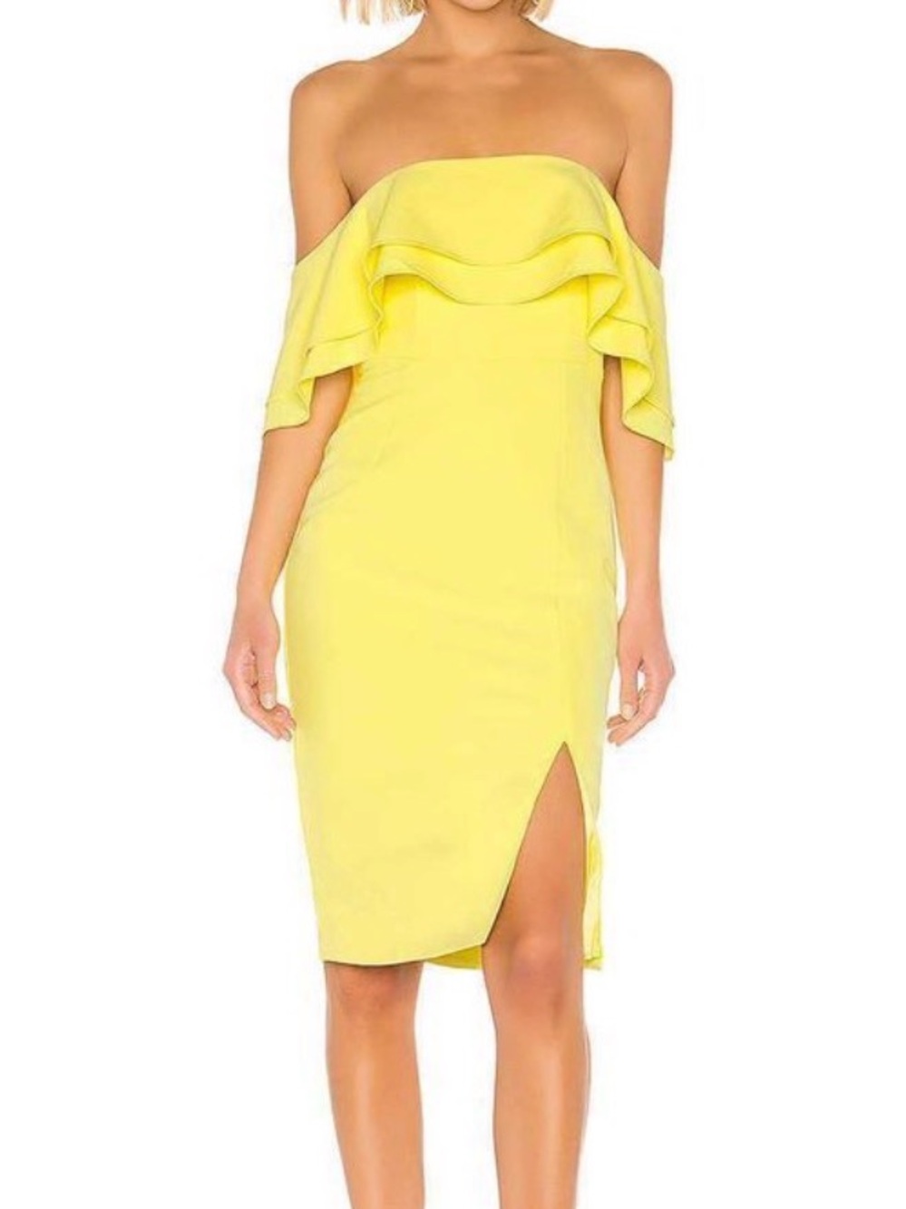BARDOT | Strapless Ruffle Yellow Midi Dress
